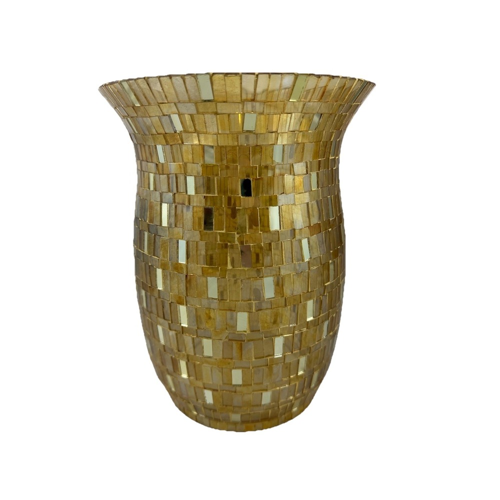Gold Mosaic Glass Hurricane 10.25" For Large Pillar Candle Reflective Mirror